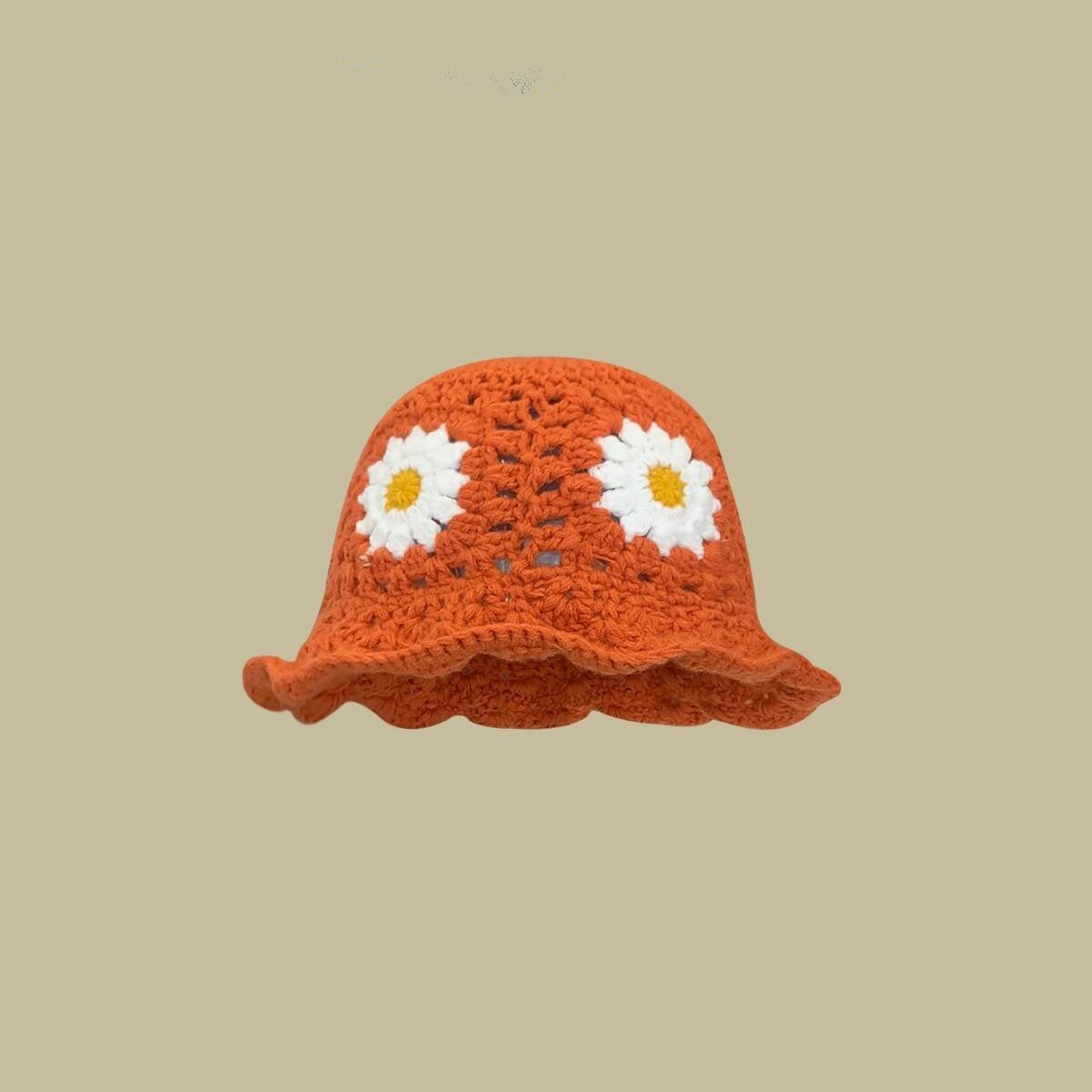 Flower Handmade Knitted Fisherman Hat Women's Hollow Wool All-matching Basin Makes Face Look Smaller