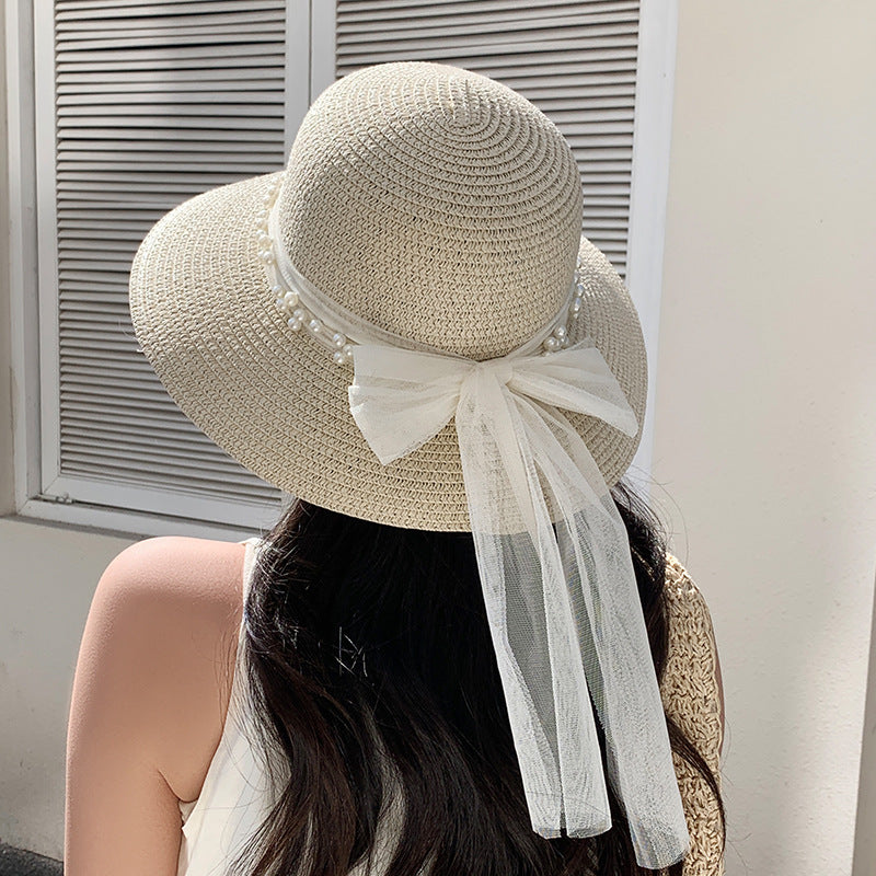 Lace Bow Pearl Big Brim Face-looking Sun-proof And Breathable Sun Fisherman Hat