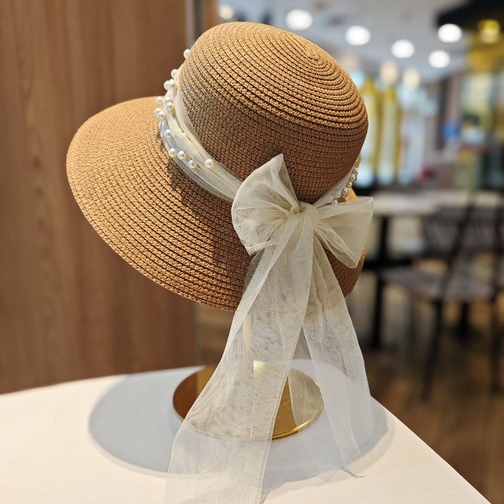 Lace Bow Pearl Big Brim Face-looking Sun-proof And Breathable Sun Fisherman Hat