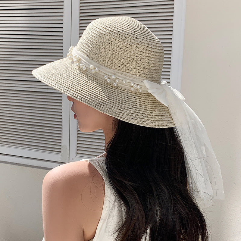 Lace Bow Pearl Big Brim Face-looking Sun-proof And Breathable Sun Fisherman Hat