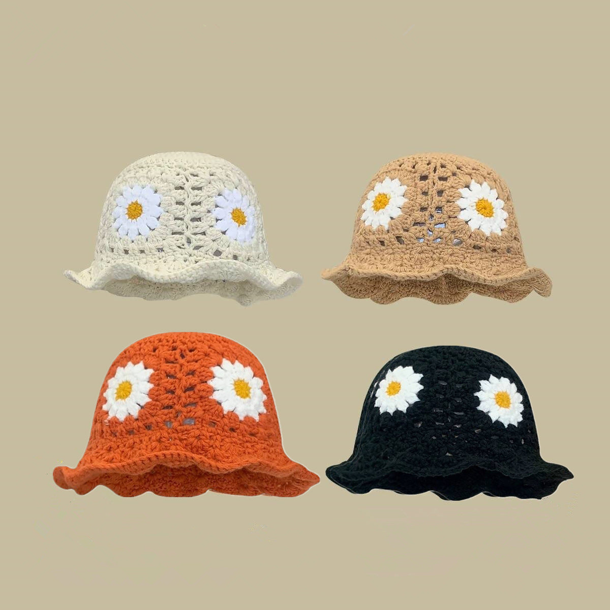 Flower Handmade Knitted Fisherman Hat Women's Hollow Wool All-matching Basin Makes Face Look Smaller